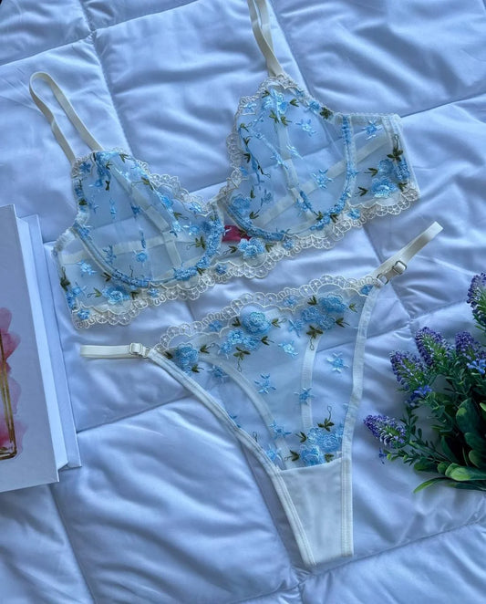 Flower Bralet Takım - Beyaz Mavi (Büyük Beden)
