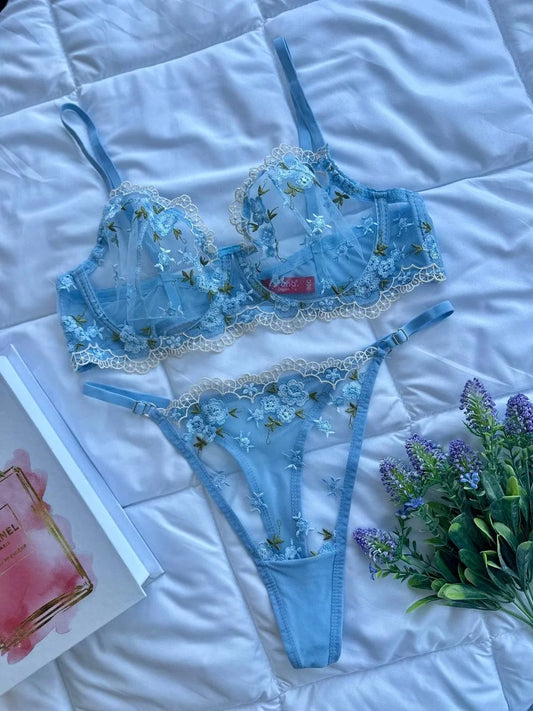 Flower Bralet Takım - Mavi (Büyük Beden)