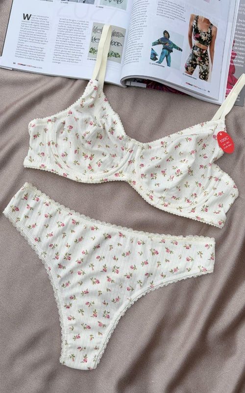 Cotton Bralet Takım Beyaz Pembe Çiçekli (Büyük Beden) Ön Sipariş 95-100c