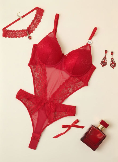 Lace Bodysuit Kırmızı (Büyük Beden)