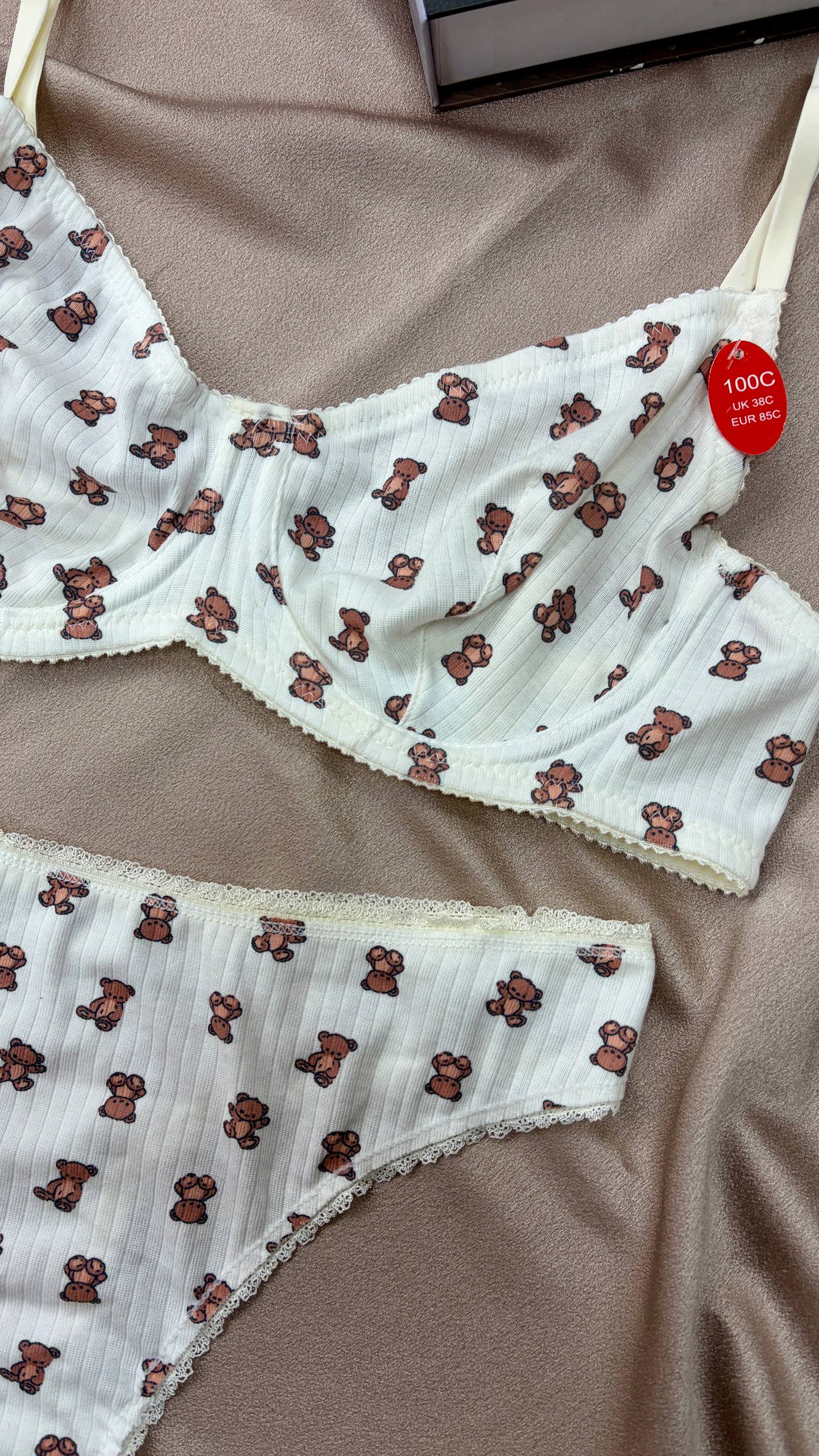 Cotton Bralet Takım Beyaz Ayıcık Desenli (Büyük Beden)