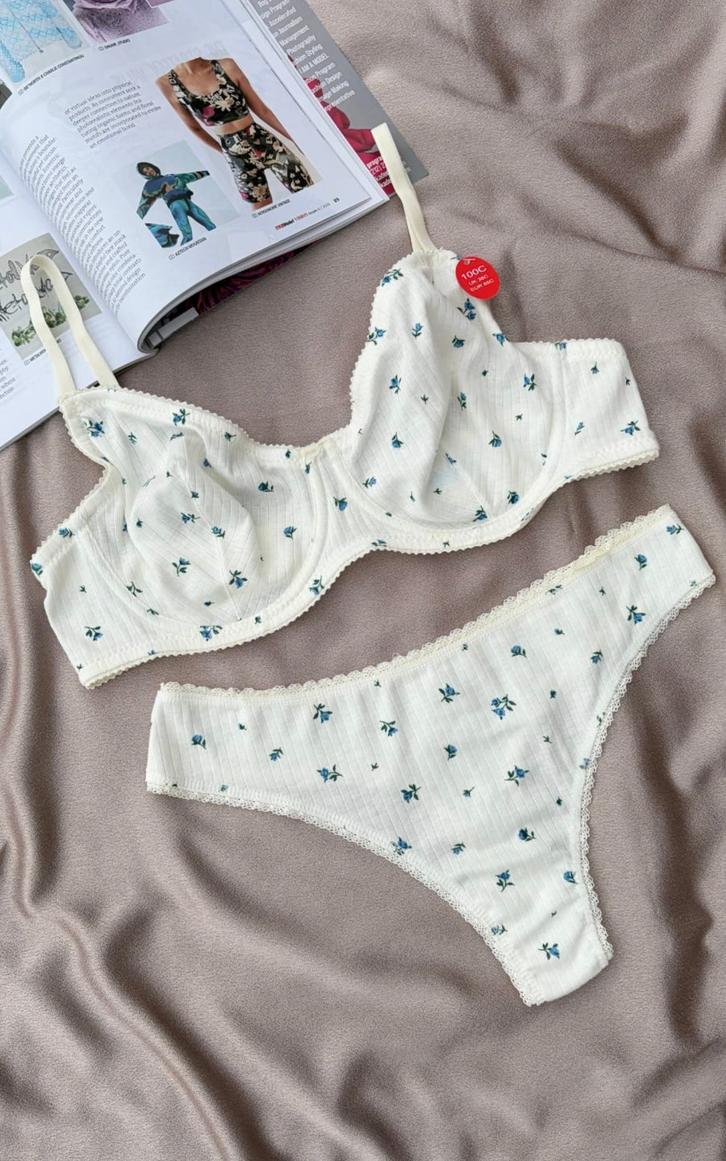 Cotton Bralet Takım Beyaz Mavi Çiçekli (Büyük Beden)