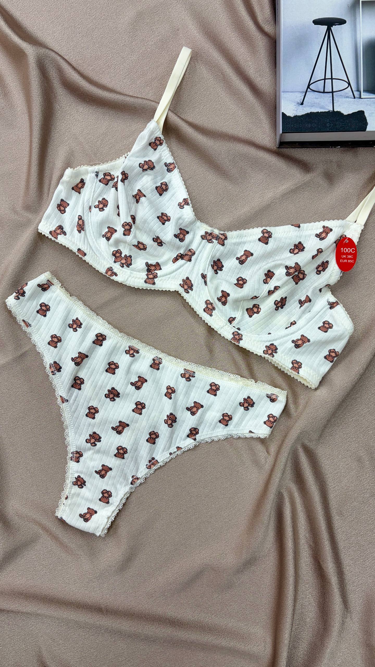 Cotton Bralet Takım Beyaz Ayıcık Desenli (Büyük Beden)