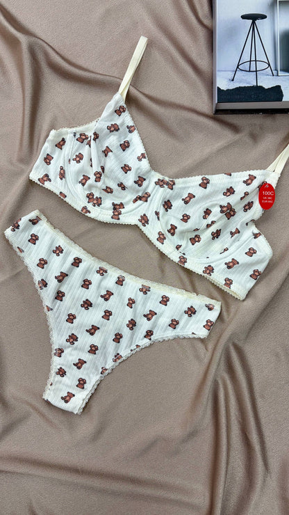 Cotton Bralet Takım Beyaz Ayıcık Desenli (Büyük Beden)