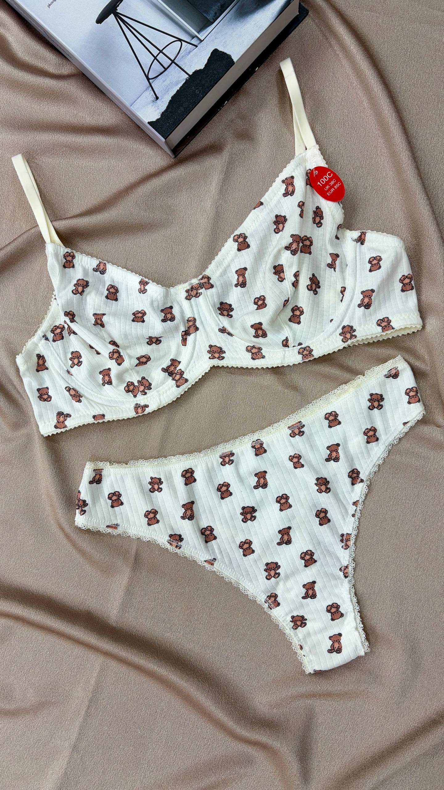 Cotton Bralet Takım Beyaz Ayıcık Desenli (Büyük Beden)